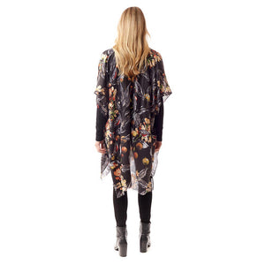 Black Floral Printed Gold Foil Accented Ruana Poncho, is an awesome and gorgeous accessory for enlightening your beautiful look and representing the perfect class with confidence. You'll love this gold foil gorgeous poncho and it will become a favorite accessory to enrich your attire. Throw it on over so many pieces elevating any casual outfit to get cute compliments. 
