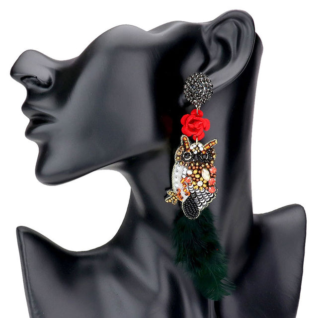 Black Flower Multi Beaded Feather Owl Link Dangle Earrings, Multi beaded Feather Owl Link earrings fun handcrafted jewelry that fits your lifestyle, adding a pop of pretty color, With these Animal themed rock every party you attend to. Enhance your attire with these vibrant artisanal earrings to show off your fun trendsetting style. Goes with any of your casual outfits and Adds something extra special. Great gift idea for your Loving One.
