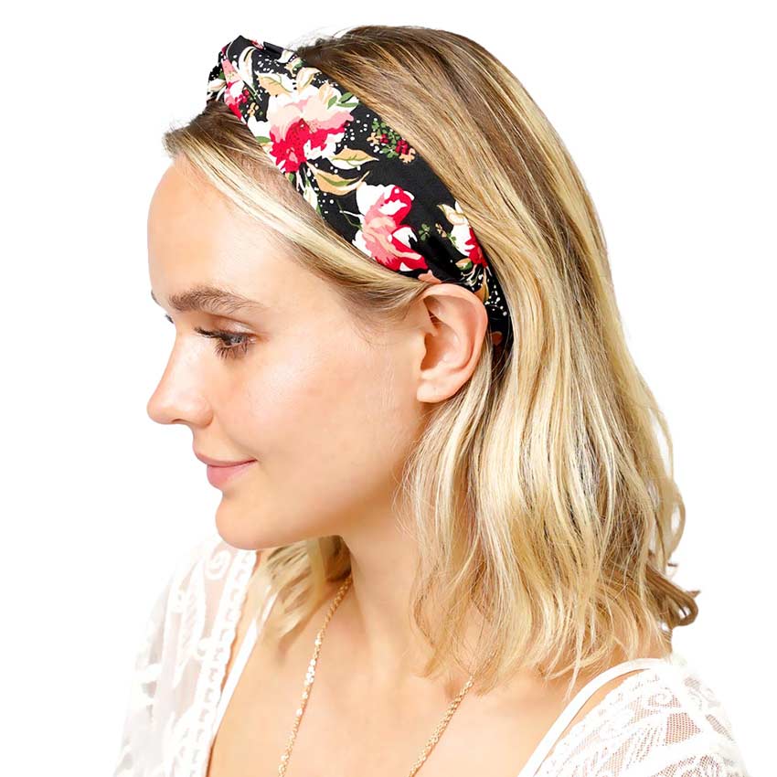Black Flower Patterned Burnout Knot Headband, Be prepared to receive compliments. Push your hair back and spice up any plain outfit with this burnout knot flower patterned headband! Be the ultimate trendsetter wearing this chic headband with all your stylish outfits! 