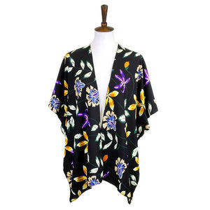 Black Flower Printed Cover Up Kimono Poncho. Lightweight and soft brushed fabric exterior fabric that make you feel more warm and comfortable. Cute and trendy poncho for women. Great for dating, hanging out, daily wear, vacation, travel, shopping, holiday attire, office, work, outwear, fall, spring or early winter. Perfect Gift for Wife, Mom, Birthday, Holiday, Anniversary, Fun Night Out.