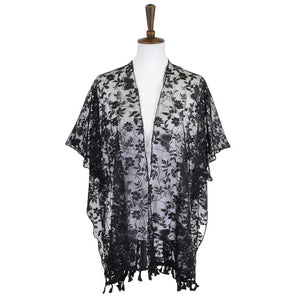 Black Flower Sheer Lace Cover Up Kimono Poncho, Look perfectly breezy and laid-back as you head to the beach. the perfect accessory featuring a floral design prints easy to pair with so many tops! From stylish layering camis to relaxed tees, you can throw it on over so many pieces elevating any casual outfit! Suitable to wear holiday, outwear, vacation, hanging out, Fun Night Out.