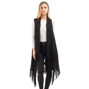 Black Knit Design Solid Fringe Detailed Tassel Accented Knit Poncho Outwear Ruana Cape Vest, the perfect accessory, luxurious, trendy, super soft chic capelet, keeps you warm and toasty. You can throw it on over so many pieces elevating any casual outfit! Perfect Gift for Wife, Mom, Birthday, Holiday, Christmas, Anniversary, Fun Night Out