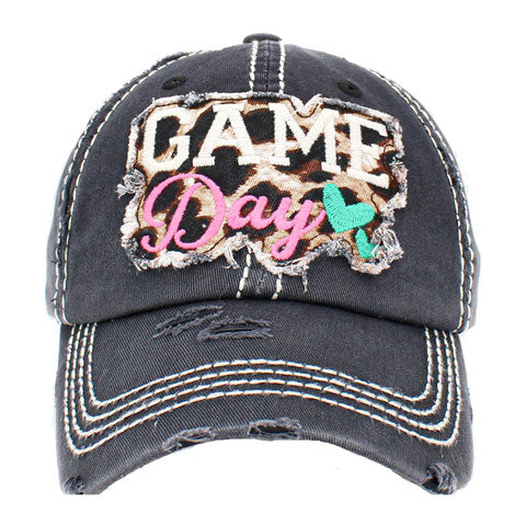 Black GAME Day Vintage Baseball Cap. Fun cool Leopard Mother Sports themed vintage cap. Perfect for walks in sun, great for a bad hair day. The distressed  frayed style with faded color gives it an awesome vintage look. Soft textured, embroidered message with fun statement will become your favorite cap.