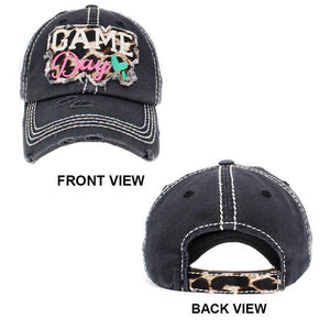 Black GAME Day Vintage Baseball Cap. Fun cool Leopard Mother Sports themed vintage cap. Perfect for walks in sun, great for a bad hair day. The distressed frayed style with faded color gives it an awesome vintage look. Soft textured, embroidered message with fun statement will become your favorite cap.