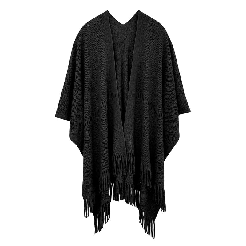 Black Geometry Open Knit Ruana With Fringe. With this lovely ruana shawl, you can draw attention to the contrast of different outfits. Geometry Pattern With Fringe Design that Gives it a unique decorative and modern look. Match well with jeans and T-shirts or vest, A fashionable eye catcher, will quickly become one of your favorite accessories, warm and goes with all your winter outfits.