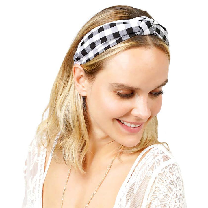 Black Gingham Check Patterned Burnout Knot Headband, create a natural & beautiful look while perfectly matching your color with the easy-to-use check patterned knot headband. Push your hair back and spice up any plain outfit with this knot check-patterned headband! Be the ultimate trendsetter & be prepared to receive compliments wearing this chic headband with all your stylish outfits!