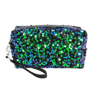 Black Glitter Sequin Cosmetic Pouch Bag, like the ultimate fashionista even when carrying a small pouch for your money or credit cards, place your makeup, use as a cosmetic bag, use as a students pencil case, essential oil case or drop in your bag & put phone, keys, coins, credit card, etc.  Great for when you need something small to carry or drop in your bag. Makes shopping super easy without having to lug around a huge purse!