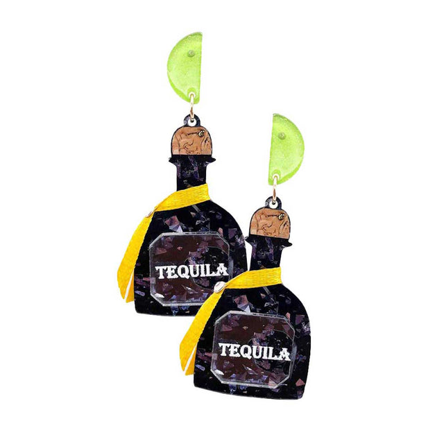 Black Glittered Resin Tequila Dangle Earrings. These fashionable trendy tequila bottle earrings  are suitable for every girl!  These gorgeous earrings are unique in design, light and sparky. Perfect for Valentine‚Äôs Day, bachelorette party, Beach Party, Vacation Earrings, Party Earrings, Party Favors to glam up your party outfit.