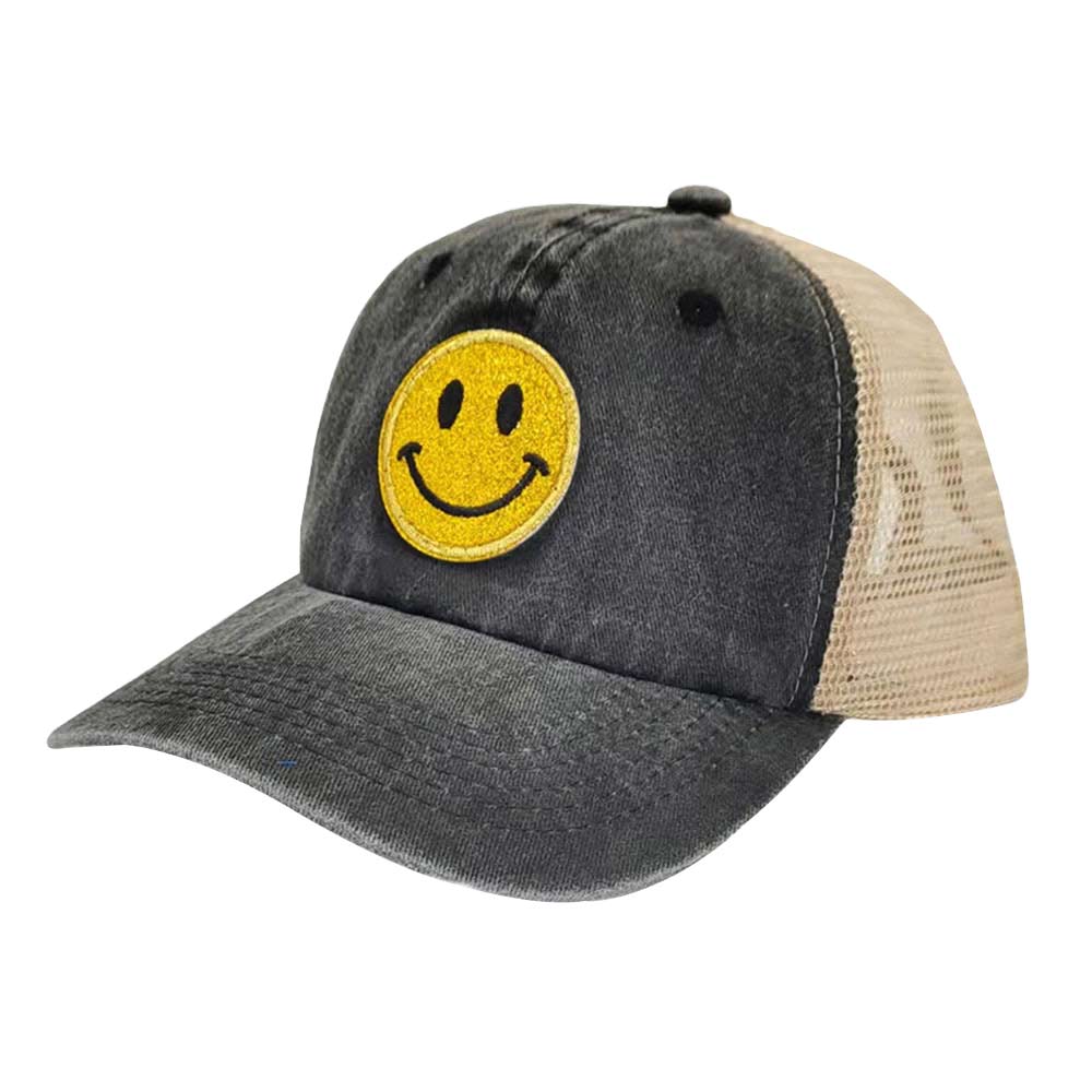 Black Glittered Smile Patch Mesh Back Baseball Cap, features an embroidered smile face patch on the front, bringing a smile to everyone you pass by and showing your kindness to others. The pre-curved brim of the smile mesh baseball cap helps shield sunlight, keeping your face from harmful ultraviolet rays and preventing sunburn in summer. This beautiful baseball cap is comfortable to wear for a long time in hot weather. Glittered smile patch baseball cap is great for outdoor activities or indoor wear.