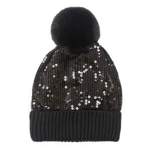 Black Sequin Embellished Pom Pom Beanie Hat. Before running out the door into the cool air, you’ll want to reach for these toasty beanie to keep your hands incredibly warm. Accessorize the fun way with these beanie , it's the autumnal touch you need to finish your outfit in style. Awesome winter gift accessory!
