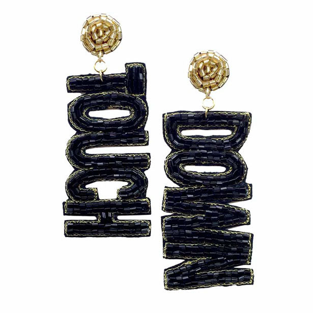 Black Gold Felt Back Touch Down Message Beaded Dangle Earrings. Gift someone or yourself these ultra-chic earrings, they will take your look up a notch, these sports themed earrings versatile enough for wearing straight through the week, coordinate with any ensemble from business casual to wear, the perfect addition to every outfit. Perfect jewelry gift to expand a woman's fashion wardrobe with a modern, on trend style.