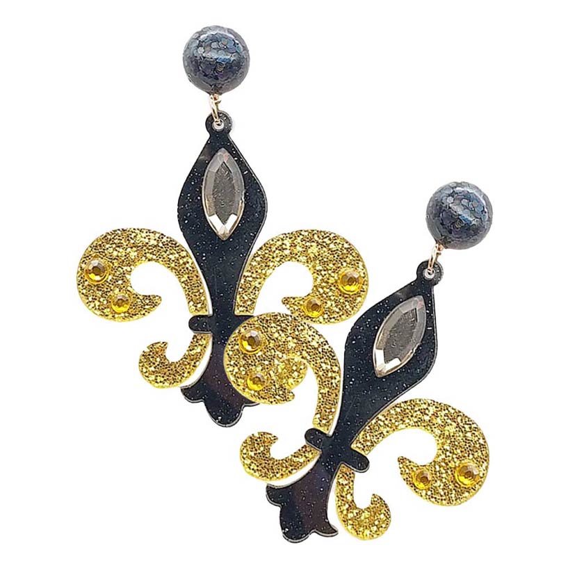 Black Gold Glittered Resin Fleur de Lis Dangle Earrings, are beautifully designed with the Mardi Gras glittered to dangle on your earlobes with a perfect glow. Wear these beautiful Mardi Gras-themed earrings to get immediate compliments. Highlight your appearance and grasp everyone's eye at any place.