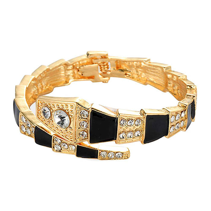 Black Gold Stone Embellished Enamel Snake Hinged Bracelet. Look as regal on the outside as you feel on the inside, create that mesmerizing look you have been craving for! Can go from anywhere to after with ease, adds a sophisticated glow to any outfit. Sparkling round glass, stylish snake hinged bracelet that is easy to put on, take off and comfortable to wear. Perfect gift for your loved one.