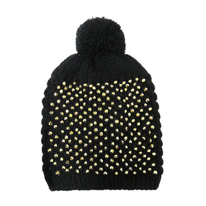  Black Gold Studded Acrylic Pom Beanie Hats, Accessorize the fun way with this pom pom beanie hat, the autumnal touch you need to finish your outfit in style. Awesome winter gift accessory! Perfect Gift Birthday, Christmas, Holiday, Anniversary, Valentine’s Day, Loved One.