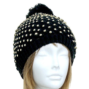  Black Gold Studded Acrylic Pom Beanie Hats, Accessorize the fun way with this pom pom beanie hat, the autumnal touch you need to finish your outfit in style. Awesome winter gift accessory! Perfect Gift Birthday, Christmas, Holiday, Anniversary, Valentine’s Day, Loved One.