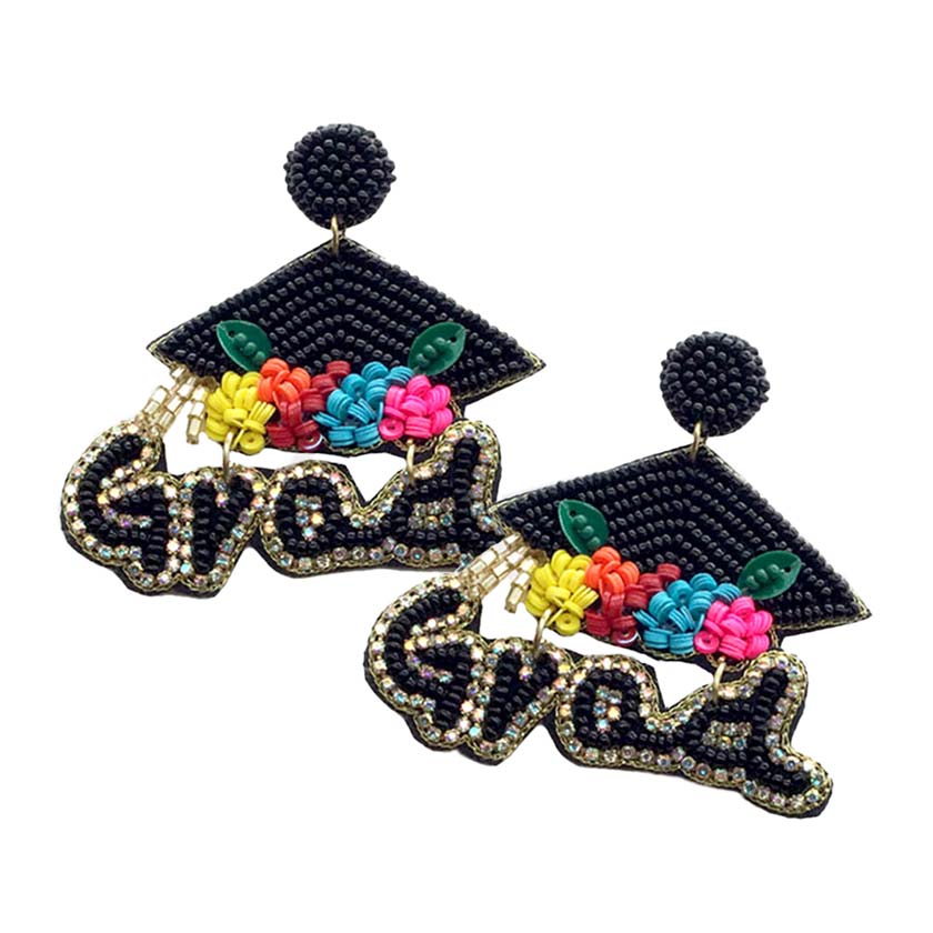 Black Grad Felt Back Seed Beaded Graduation Cap Dangle Earrings, Very lightweight & comfortable enough for all-day wear! Perfect for grad photos, walking the stage, etc. It is a unique gift for college, high school, and junior high school graduates. The best graduation gift for your friends & family as well.
