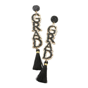 Black Grad Glittered Message Tassel Link Dangle Earrings, Show off your achievements with our grad glittered earrings. From kindergarten to high school, college ceremonies, and faculty regalia these tassel link dangle earrings will remind you to enjoy the journey as you wander, dream, and reach for your goals. 