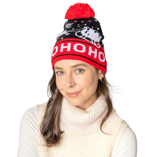 Black HOHOHO Message Christmas Santa Sleigh Pom Knit Beanie Hat,It's the ideal time to add some new flair to your wardrobe because Christmas is almost here. This adorable winter beanie hat is decorated with a big pom pom on the top of it and a Santa Sleigh HOHOHO message. In the chilly winter, there's nothing warmer than a happy holiday. Celebrate your joy with this festive pom-pom beanie hat! Stay warm and look festive with a jolly new fab beanie!