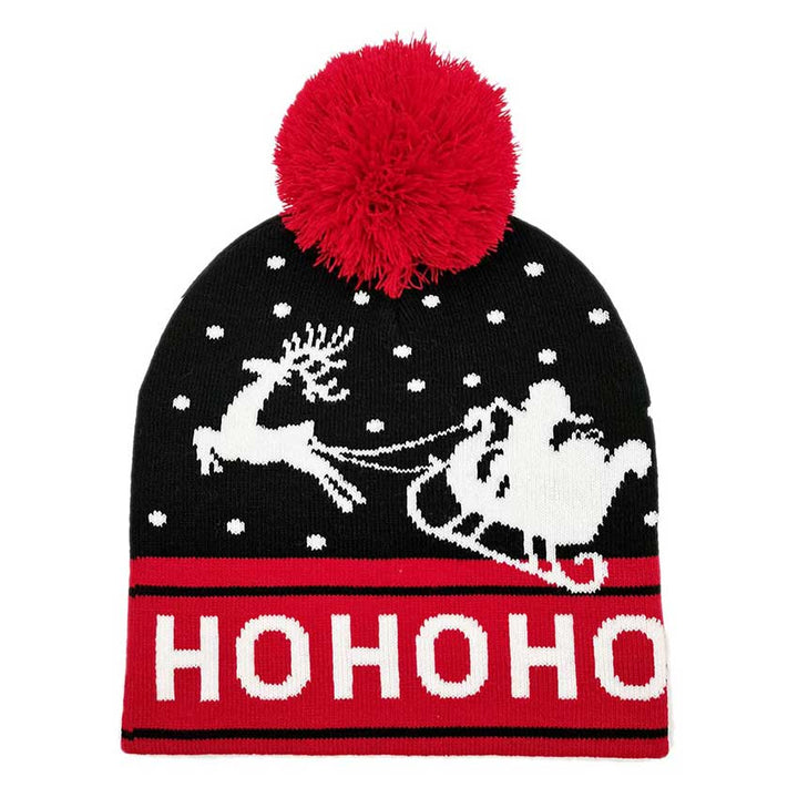 Black HOHOHO Message Christmas Santa Sleigh Pom Knit Beanie Hat,It's the ideal time to add some new flair to your wardrobe because Christmas is almost here. This adorable winter beanie hat is decorated with a big pom pom on the top of it and a Santa Sleigh HOHOHO message. In the chilly winter, there's nothing warmer than a happy holiday. Celebrate your joy with this festive pom-pom beanie hat! Stay warm and look festive with a jolly new fab beanie!