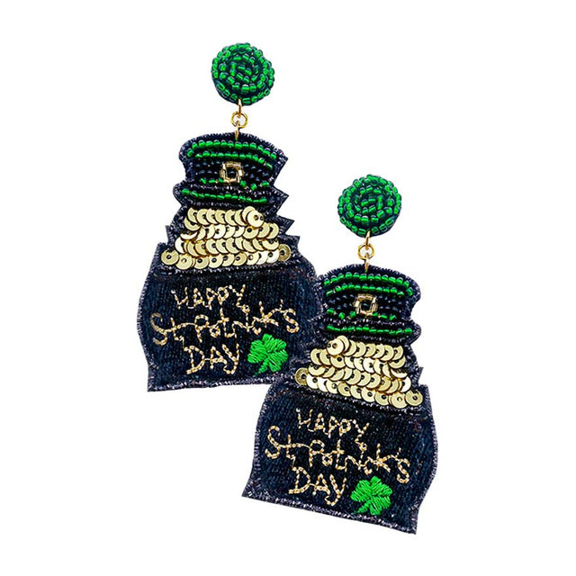 Black Happy St. Patrick's Day Felt Back Pot of Gold Shamrock Dangle Earrings, these adorable felt-back beaded earrings are a wonderful accessory for your St.Patrick's Day outfit. These playful ST Patrick's holiday cheer earrings feature a pot of gold design accents with lucky green beads.