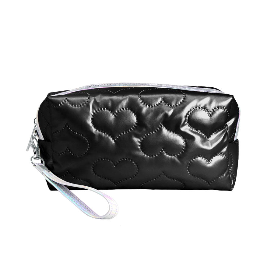 White Heart Patterned Shiny Puffer Pouch Bag, Small Colorful Heart Patterned Pouch Bag, perfect for money, credit cards, keys or coins, comes with a wristlet for easy carrying, light and simple. Put it in your bag and find it quickly with it's bright colors. Great for running small errands while keeping your hands free. 