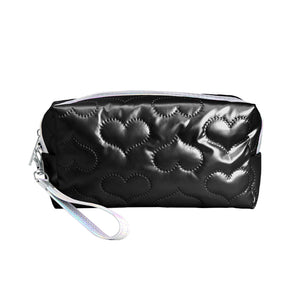 Black Heart Patterned Shiny Puffer Pouch Bag, Small Colorful Heart Patterned Pouch Bag, perfect for money, credit cards, keys or coins, comes with a wristlet for easy carrying, light and simple. Put it in your bag and find it quickly with it's bright colors. Great for running small errands while keeping your hands free. 