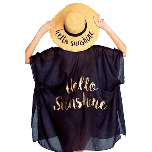Black C.C "Hello Sunshine" Beach Cover Up; Beach, Poolside chic made easy with this lightweight short sleeve Cover Up featuring relaxed silhouette, great over swimsuits & favorite blouse & slacks, Perfect Birthday Gift, Anniversary Gift, Bridal Party, Beach Vacation, Celebration, Beach Cover Up, Short Sleeve Kimono Beachwear