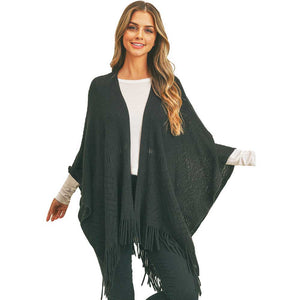 Black Herringbone Knit Fringe Ruana, With this lovely ruana shawl, you can draw attention to the contrast of different outfits. Herringbone Pattern With Fringe Design that Gives it a unique decorative and modern look. Match well with jeans and T-shirts or vest, A fashionable eye catcher, will quickly become one of your favorite accessories, warm and goes with all your winter outfits.
