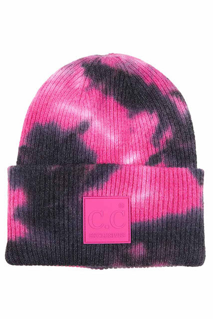 Black Hot Pink C.C Tie Dye Beanie With Rubber Patch, Before running out the door into the cool air, you’ll want to reach for this toasty beanie to keep you incredibly warm. Whenever you wear this beanie hat with you'll look like the ultimate stylist. Accessorize the fun way with this rubber patch hat, it's the autumnal touch you need to finish your outfit in style