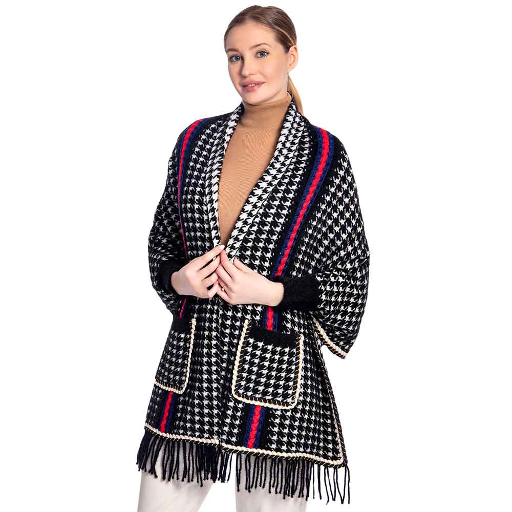 Black Houndstooth Patterned Poncho, is the perfect representation of beauty and comfortability for this winter. It will surely make you stand out with its beautiful color variation. It goes with every winter outfit and gives you a unique yet beautiful outlook everywhere. You can throw it on over so many pieces elevating any casual outfit! Perfect Gift for Wife, Mom, Birthday, Holiday, Christmas, Anniversary, Fun Night Out. Stay warm and toasty!