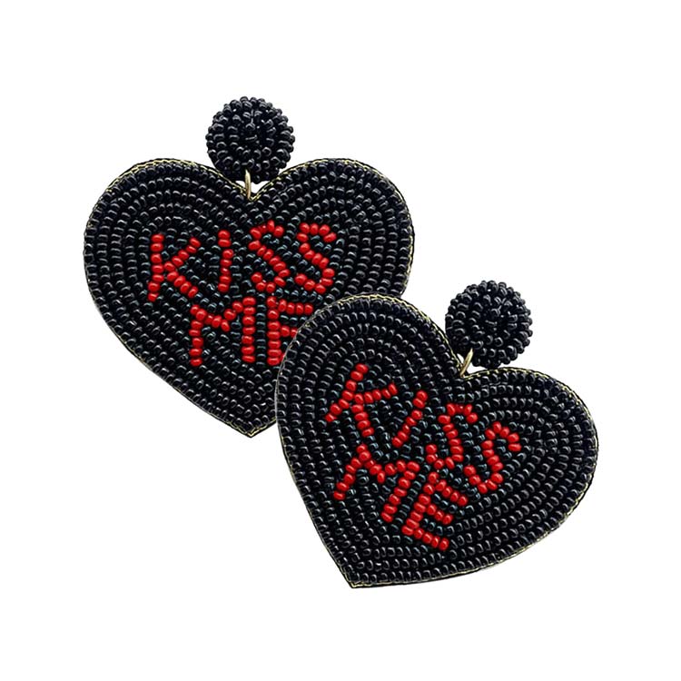 Black Kiss Me Message Felt Back Seed Beaded Heart Dangle Earrings, Take your love for accessorizing to a new level of affection with these seed-beaded heart dangle earrings. Wear these lovely earrings to make you stand out from the crowd & show your trendy choice this valentine. The fashion jewelry offers a classy look for a romantic day & night out on the town & makes a thoughtful gift for Valentine's Day.