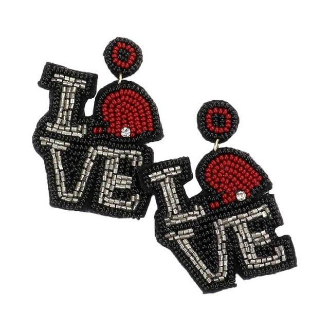 Black LOVE Felt Back Seed Beaded Football Pointed Dangle Earrings, This Love message sports theme earring show your love for the game when accessorizing your Game Day look with these uniquely beaded football dangle earrings! Dress up with your team cloth, tank, t-shirt or any other outfit, You‚Äö√Ñ√¥ll get plenty of compliments on these fun and pretty earrings! Wear these sports earrings to support and express your love to your favorite players and teams.