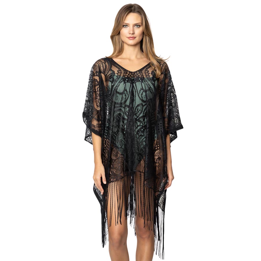 Black Lace Cover Up Poncho, an attractive pearl embellished Poncho that is made of soft and breathable material, amps up your beauty with a perfect attraction everywhere. Its eye-catchy design makes you stand out every time. Perfect Gift for a Wife, Mom, or any person for their, Holiday, Anniversary, Fun Night Out, etc.