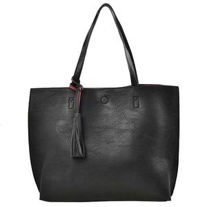 Black Large Tote Reversible Shoulder Vegan Leather Tassel Handbag, High quality Vegan Leather is a luxurious and durable, Stay organized in style with this square-shaped shopper tote purse that is fully reversible for two contrasting interior and exterior solid colors. This vegan leather handbag includes an on-trend removable tassel embellishment. Guaranteed, This will be your go-to handbag. 