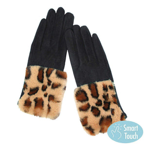 Black Leopard Patterned Faux Fur Cuff Accented Soft Suede Smart Gloves, gives your look so much eye-catching texture w cool design, a cozy feel, fashionable, attractive, cute looking in winter season, these warm accessories allow you to use your phones. Perfect Birthday Gift, Valentine's Day Gift, Anniversary Gift.