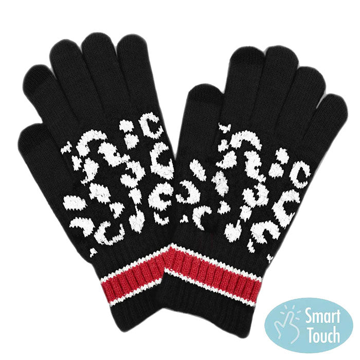 Black Leopard Patterned Striped Cuff Knit Smart Gloves. Before running out the door into the cool air, you’ll want to reach for these toasty gloves to keep your head incredibly warm. Accessorize the fun way with these gloves, it's the autumnal touch you need to finish your outfit in style. Awesome winter gift accessory!