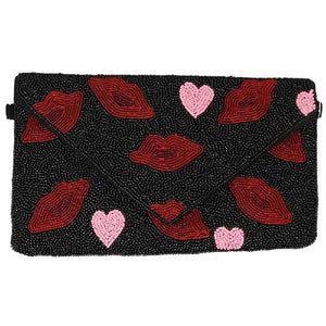 Black Lips And Hearts Seed Beaded Clutch, these beautiful clutch bags are a wonderful accessory for your everyday outfit of your trendy choice! Perfect for the festive season and any occasion specially for Valentine's. These pretty tiny gift Clutch bags are sure to bring a smile to your face.