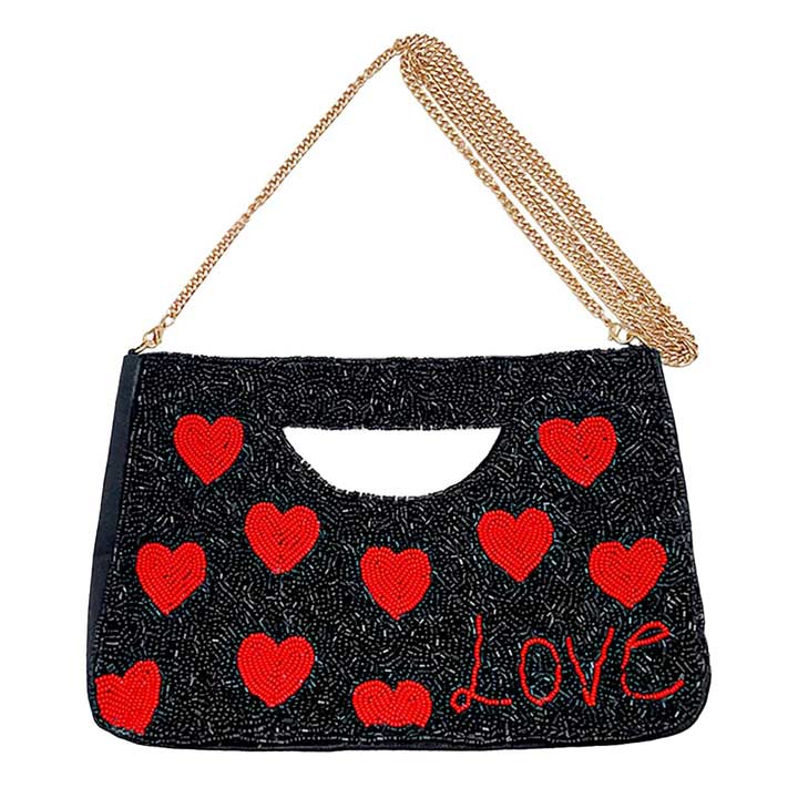 Black Love Heart Patterned Seed Beaded Tote Crossbody Bag, Show your trendy side with this awesome Love Heart tote crossbody bag. The red heart stands for sweet love, and crowning for love means to treasure it. These exquisite heart-tote crossbody bags are sophisticated and enchanting.