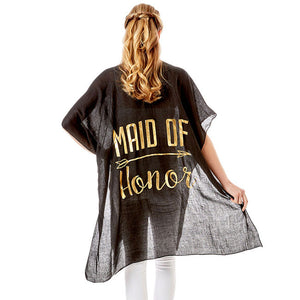 Black Maid of Honor Solid Lettering Cover Up Poncho, The lightweight poncho top is made of soft and breathable Viscose material. short sleeve swimsuit cover up with open front design, simple basic style, easy to put on and down. Perfect Gift for Wife, Mom, Birthday, Holiday, Anniversary, Fun Night Out.