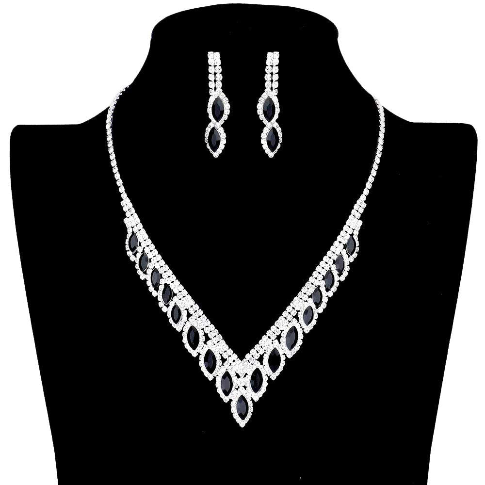 Black Marquise Stone Accented Rhinestone Necklace. These gorgeous Rhinestone pieces will show your class on any special occasion. The elegance of these rhinestones goes unmatched, great for wearing at a party! Perfect for adding just the right amount of glamour and sophistication to important occasions.
