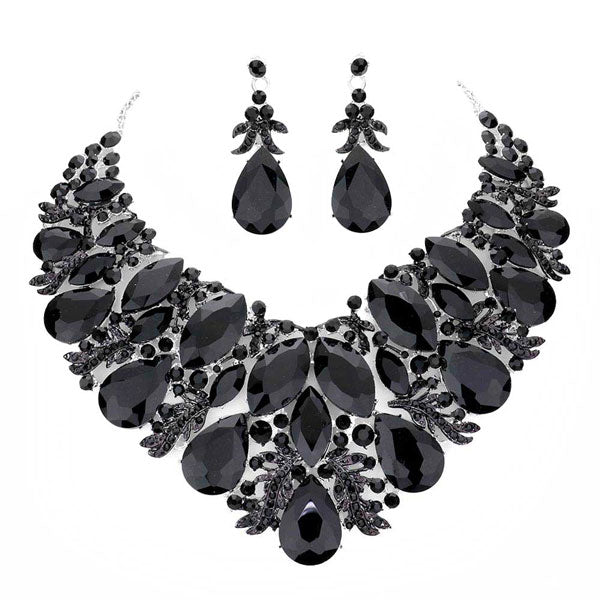 Black Marquise Teardrop Stone Accented Leaf Evening Necklace. Wear together or separate according to your event, versatile enough for wearing straight through the week, perfectly lightweight for all-day wear, coordinate with any ensemble from business casual to everyday wear, the perfect addition to every outfit. Perfect Birthday Gift, Anniversary Gift, Mother's Day Gift, Valentine's Day Gift.