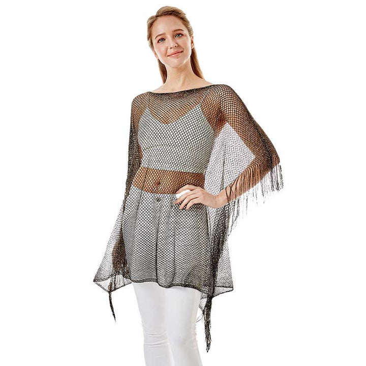 Black Metallic Net Cover Up Fringes Poncho, This timeless Fringes Poncho is Soft, Lightweight and Breathable Fabric, Close to Skin, Comfortable to Wear. Sophisticated, flattering and cozy, this Poncho drapes beautifully for a relaxed, pulled-together look. Suitable for Weekend, Work, Holiday, Beach, Party, Club, Night, Evening, Date, Casual and Other Occasions in Spring, Summer and Autumn.