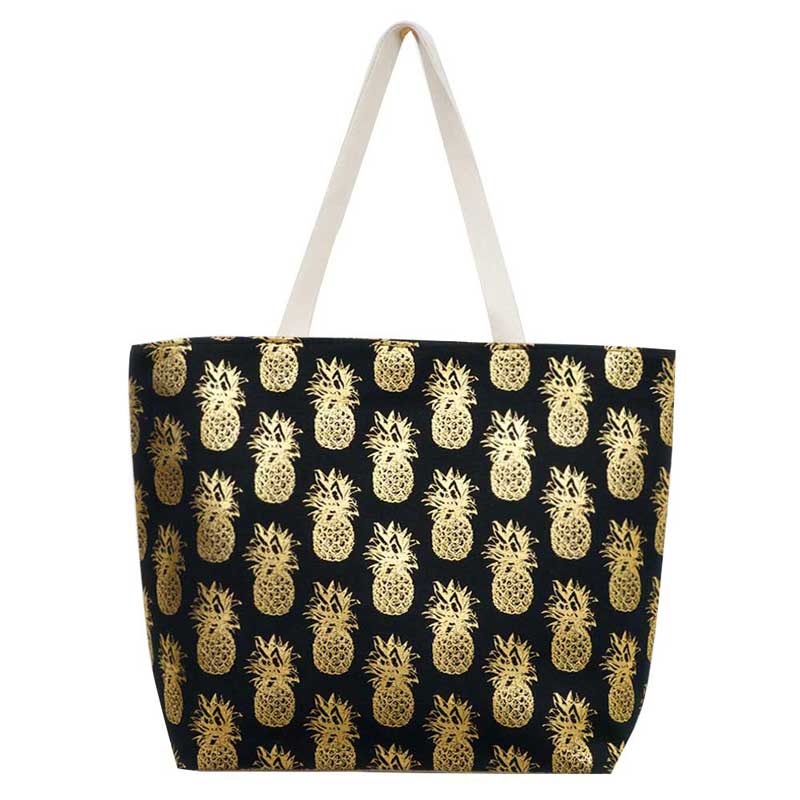 Black Metallic Pineapple Patterned Beach Tote Bag, Whether you are out shopping, going to the pool or beach, this Pineapple patterned print tote bag is the perfect accessory. Perfectly lightweight to carry around all day. Spacious enough for carrying any and all of your seaside essentials. The soft straps really helps carrying this tie due shoulder bag comfortably. Perfect Birthday Gift, Anniversary Gift, Mother's Day Gift, Vacation Getaway or Any Other Events.