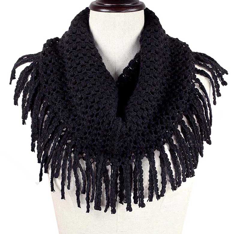 Black Mini Tube Fringe Scarf, This comfortable scarf features a mini tube look available in a variety of bold colors. Full and versatile, this cute scarf is the perfect and cozy accessory to keep you warm and stylish. on trend & fabulous, a luxe addition to any cold-weather ensemble. You will always look chic and elegant wearing this feminine pieces. Great for everyday use in the chilly winter to ward against coldness. Awesome winter gift accessory!
