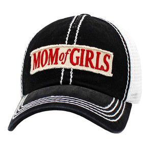 Black Mom Of Girls Message Mesh Back Baseball Cap. Fun cool message themed Mom Of Girl baseball cap is made for you. It's fully adjustable and easy to style! Perfect to keep your hair away from you face while exercising, running, playing tennis or just taking a walk outside. Adjustable Velcro strap gives you the perfect fit. The variation color gives it an awesome vintage look.