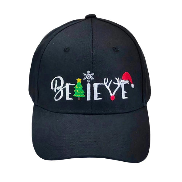 Black Multi Christmas Believe Message Baseball Cap, High quality embroidered "Believe" Message on front, inspirational hat. Get your head in the game with this well-constructed baseball-style cap. perfect for the festive season, embrace the Christmas spirit with these Believe Message Cap, and keep your hair out of your face and eyes by wearing this comfortable baseball cap during all your outdoor activities like sports and camping!