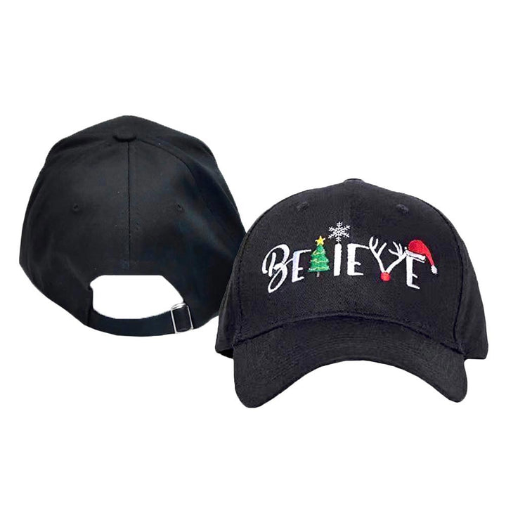 Black Multi Christmas Believe Message Baseball Cap, High quality embroidered "Believe" Message on front, inspirational hat. Get your head in the game with this well-constructed baseball-style cap. perfect for the festive season, embrace the Christmas spirit with these Believe Message Cap, and keep your hair out of your face and eyes by wearing this comfortable baseball cap during all your outdoor activities like sports and camping!