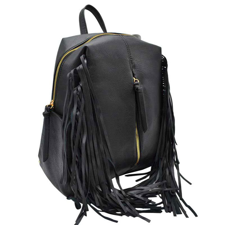 Black Multi Pocket Vegan Leather Women Fringe Backpack, This is a very high quality Vegan Leather High-Fashion Backpack. Great as a Women's Accessory Item for Travel in Airports and other places where would be convenient to be Hands-Free. Very durable and nice large size. Should be able to carry all that a student would need. Durable to carry a heavy load. Perfect for working, shopping, daily life, traveling, school and business. A great gift to your friends and family.