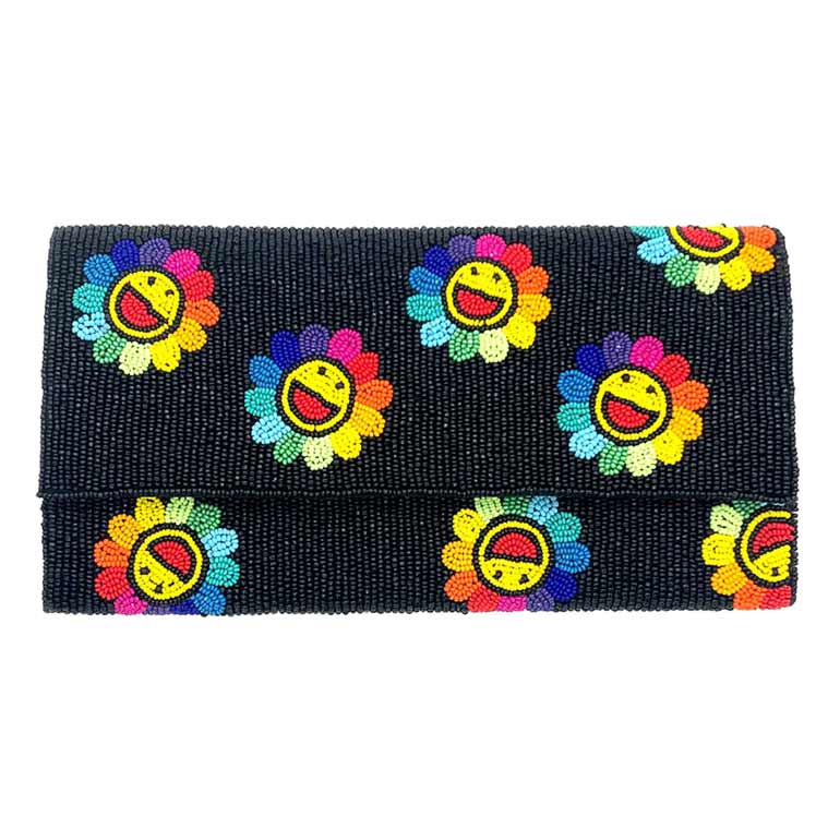 Black Multi Smile Flower Seed Beaded Clutch Crossbody Bag, Look like the ultimate fashionista when carrying this small Clutch bag, great for when you need something small to carry or drop in your bag. Keep your keys handy & ready for opening doors as soon as you arrive.