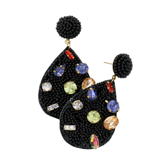 Black Multi Stone Embellished Seed Beaded Teardrop Dangle Earring. Look like the ultimate fashionista with these Earrings! Add something special to your outfit! Ideal for parties, weddings, graduation, prom, holidays, pair these studs back earrings with any ensemble for a polished look. These earrings pair perfectly with any ensemble from business casual, to night out on the town or a black-tie party.